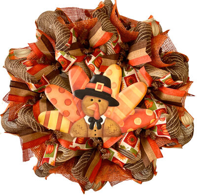 What A Mesh Thanksgiving Turkey with Pilgrim Hat Harvest Wreath Handmade Deco Mesh