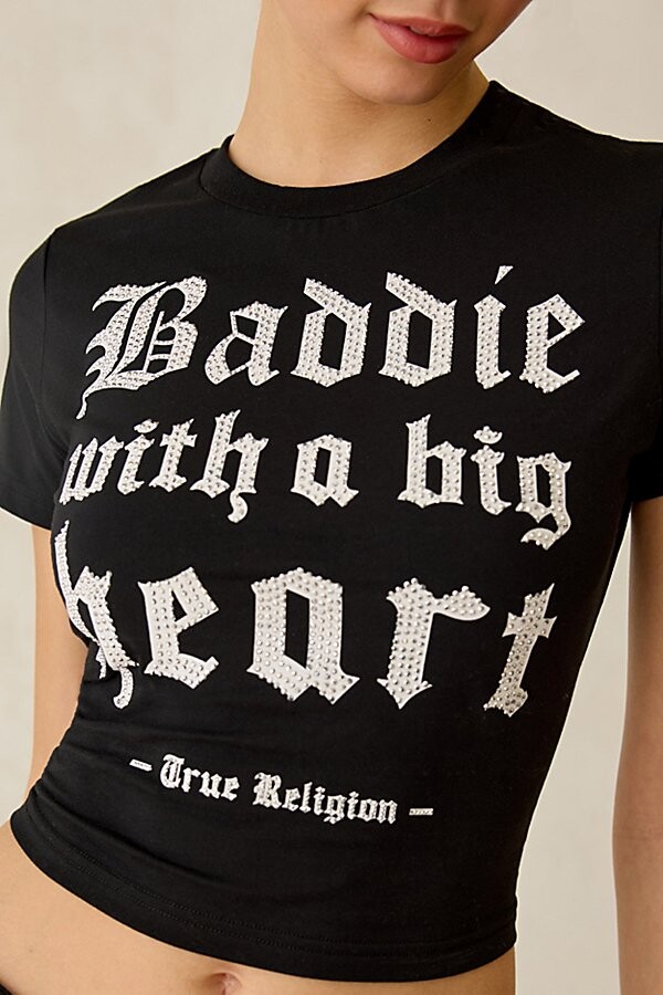 True Religion Crystal Graphic Baby Tee in Black