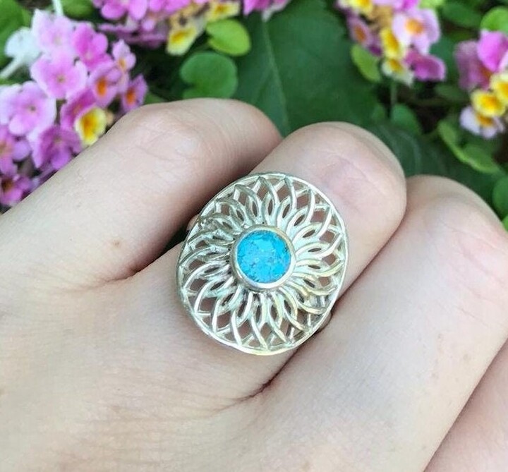 Etsy Handcrafted Sterling Silver Turquoise Mandala Ring Boho Filigree Jewelry