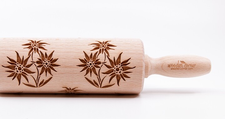 No. R290, Edelweiss Flowers - Rolling Pin, Wooden Roller Engraved, Embossing Cookies, Toys, Stamp, Baking Gift, Birthday
