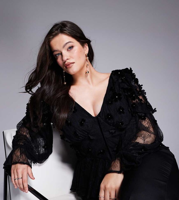 ASOS Luxe Curve mesh floral bardot long sleeved top with velvet