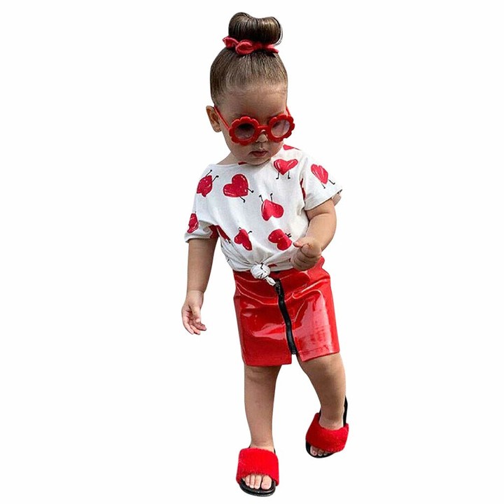 2Pcs Baby Girls Shirt Leather Skirt Sets Sunpark Toddler Kids Valentines Day Heart Print Tops Bow Dress Outfits for 6M-5T
