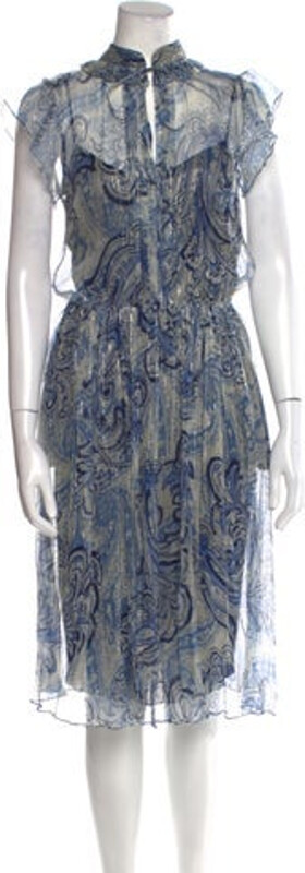 Les Copains Silk Midi Length Dress w/ Tags Les Copains Silk Tent Dress Blue Paisley Print Ruffle Embellishment Short Sleeve with Mock Neck Sash-Tie Closure at Front
