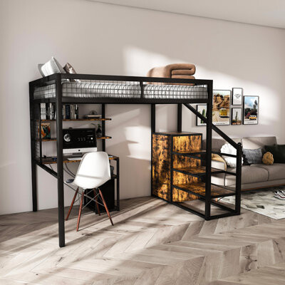 Mason & Marbles Size Loft Bed With Desk, Wardrobe, And Reinforced Metal Support, For Small Apartment Rooms, Black Multi - Purpose Staircase Shelf, Ac Outlets, Metal,