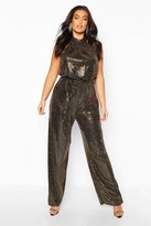 Thumbnail for your product : boohoo Plus Metallic Sequin Wide Leg Belted Jumpsuit
