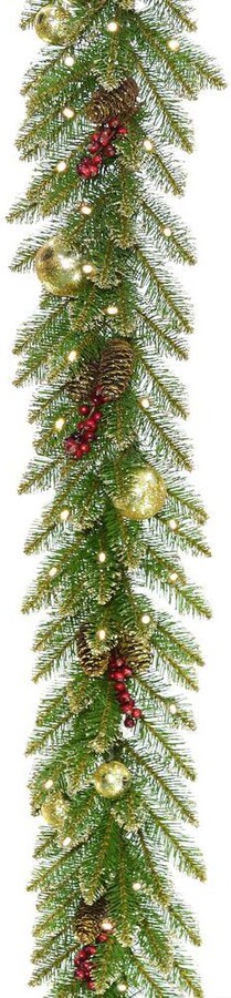 National Tree Company 9 ft. x 10 in. Glittery Gold Dunhill Fir Garland with Red Berries, Gold Edged Cones, Gold Ornaments