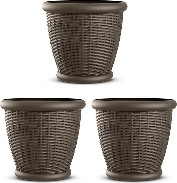 Suncast Willow 18" Plastic Decorative Wicker Patio Planter Pot, Java (3 Pack)