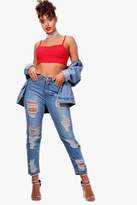 Thumbnail for your product : boohoo Seam Detail Distressed Slim Fit Mom Jeans
