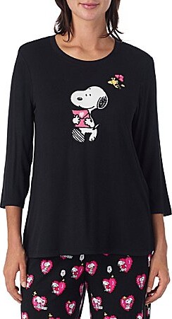 Peanuts Solid Jersey Knit 34 Sleeve Round Neck Snoopy Applique Coordinating Valentine's Day Sleep Top