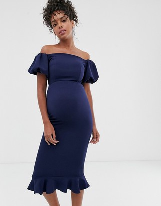 Queen Bee Maternity off shoulder puff sleeve dipped hem midi dress in navy
