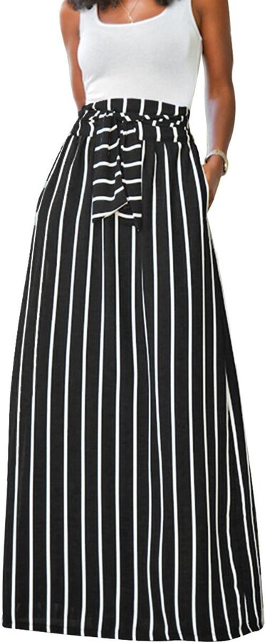 LA HAUTE Women's Belted Flowy Maxi Skirt Vertical Striped Long Skirts  Elastic Waisted Full Length Skirt with Pocket (Black - ShopStyle