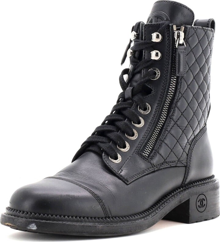 Chanel Women's CC Zip Up Combat Boots Quilted Leather