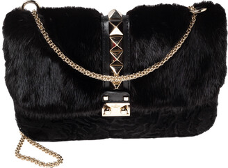 Valentino Black Mink Fur and Leather Medium Rockstud Glam Lock Flap Bag -  ShopStyle