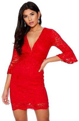 Quiz Red Lace Knot Front Bodycon Dress