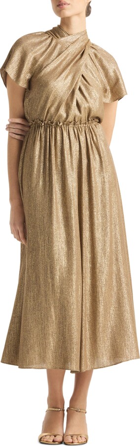 St. John Metallic Wrap Bodice Midi Dress