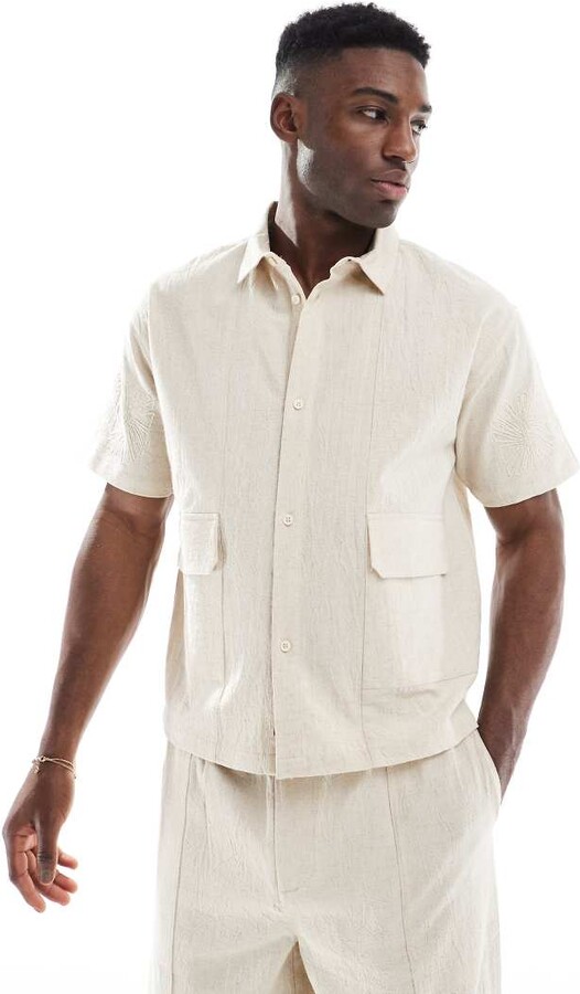 NATIVE YOUTH boxy linen mix shirt with cornelli embroidery in cream - part of a set