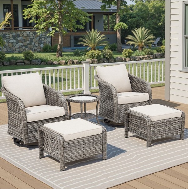 Gymojoy5PiecesPatioFurnitureSetOutdoorSwivelGliderRockerWickerPatioBistroSetwithRockingChairOttomansandTable
