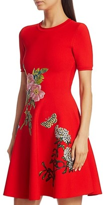 Oscar de la Renta Embroidered Floral Knit Fit-&-Flare Dress