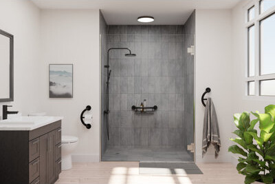 HealthCraft PLUS Shampoo Shelf 16" in Matte Black, Decorative Grab Bar with Shelf (500 lb. Capacity)