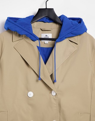 Lacoste hooded double breasted short trench coat in beige