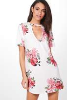 Thumbnail for your product : boohoo Plunge Choker Printed Cap Sleeve Shirt Dress