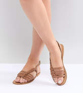 Thumbnail for your product : ASOS Design DESIGN Wide Fit Flattered leather plaited t-bar flat sandals