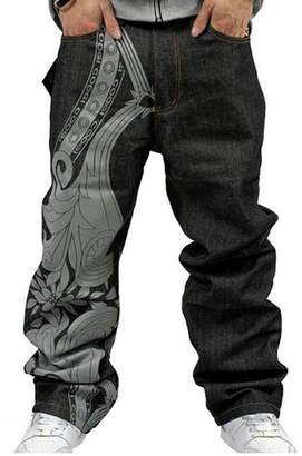 Huafeiwude Men's Hip-hop Embroidered Printed Baggy Denim Jeans 6 Designs