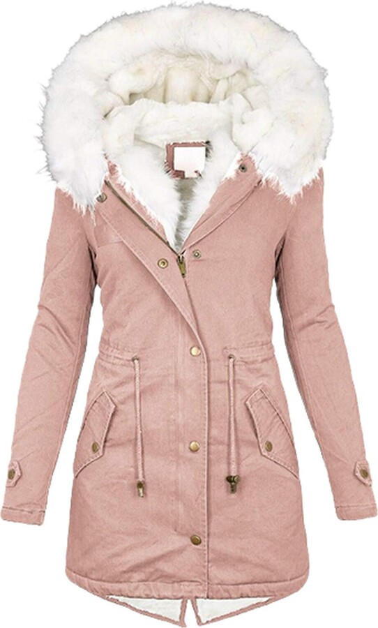 Coats Jacket Overcoat Fleece Outwear, Pink Faux Fur Lined Parka Coat Womens