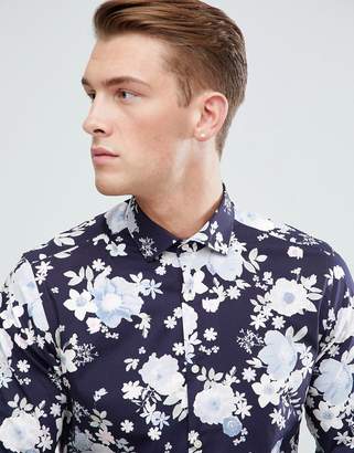 Moss Bros Extra Slim Shirt In Navy With Floral Print