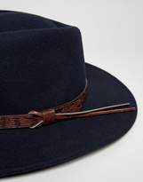 Thumbnail for your product : ASOS Design DESIGN pork pie hat with wide brim in navy with tan embossed band detail