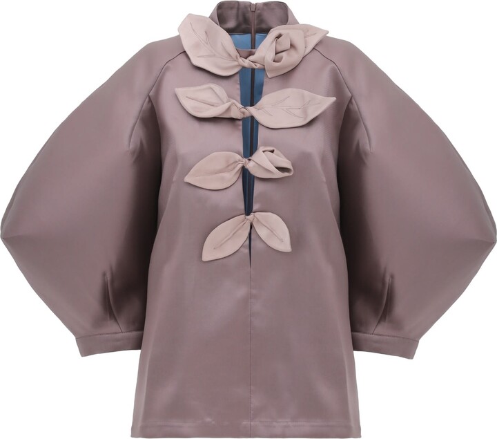 Julia Allert Brown Taffeta Deep V-Neck Blouse With Satin Floral Detail – Taupe