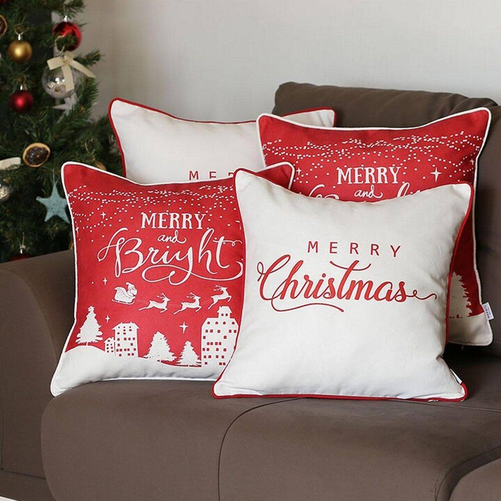 MIKE & Co. NEW YORK Decorative Merry Christmas Throw Pillow Cover Square 18 in. x 18 in. White and Red for Couch, Bedding (Set of 4)