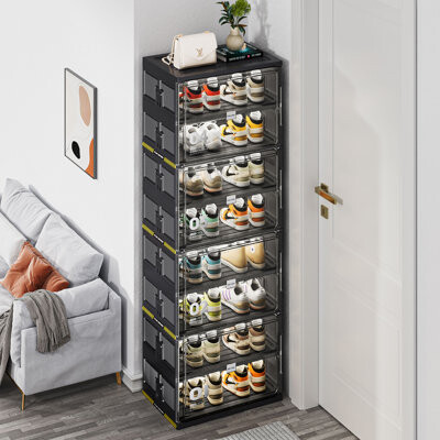 Ivy Bronx Modern 6-Tier Foldable Shoe Cabinet With Magnetic Doors, Black Storage Organizer For Entryway Or Closet