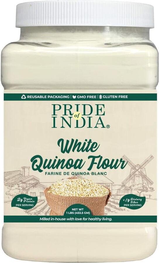 Pride of India- White Bolivian Quinoa Flour 1 lbs (454 gm) Nutty Earthy Taste Freshly Milled in Small Batches | Used for Baking Pizza Crust Thickening Agent Coating | Vegan, Gluten-Free