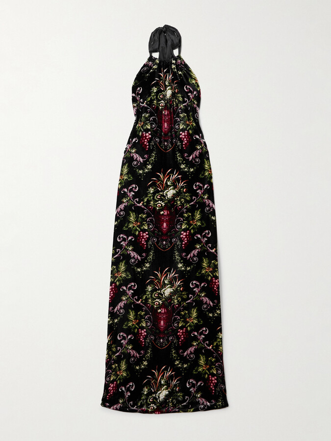 Cara Cara Geneva Open-back Satin-trimmed Floral-print Velvet Halterneck Maxi Dress - Black