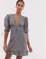 Thumbnail for your product : John Zack tea dress with buttons and tie sleeve details in pink splodge print