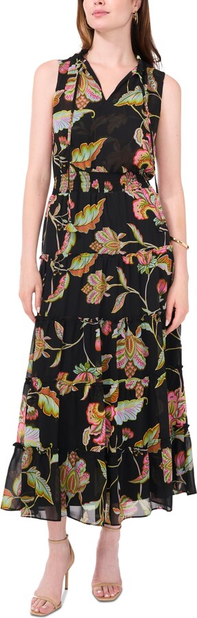 msk sleeveless tie neck tiered maxi dress