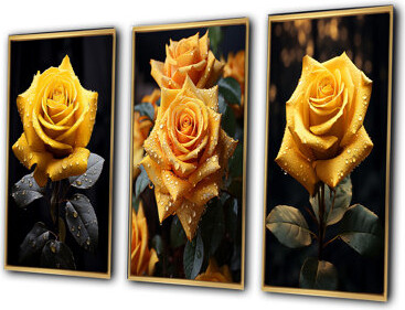 Ebern Designs Yellow Black Rose Elegance - 3 Piece Set on Canvas