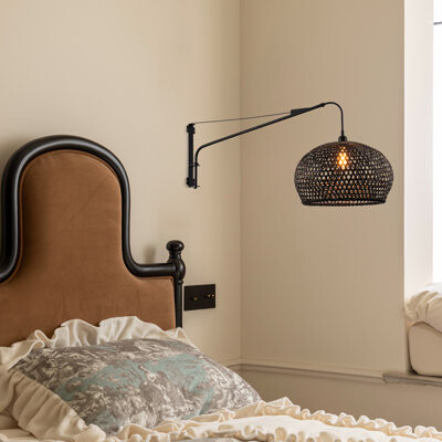 Bayou Breeze Cilo Plug-In Adjustable Swing Arm Wall Lamp In Matte Black Extendable Arm Rattan Shade