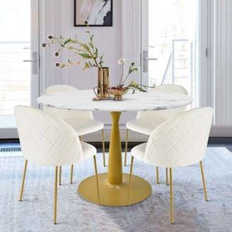Harris+Nano 5-piece Round-Shaped Dining Table Set With 4 Tufted Velvet  Beige Upholstered Chairs Gold Legs-The Pop Maison - ShopStyle