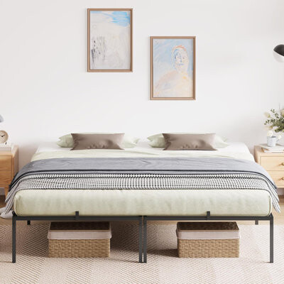 Alwyn Home Metal Bed Frame with Mattress Gaskets, Platform Design, Under-Bed Storage, Heavy Duty, Easy Assembly