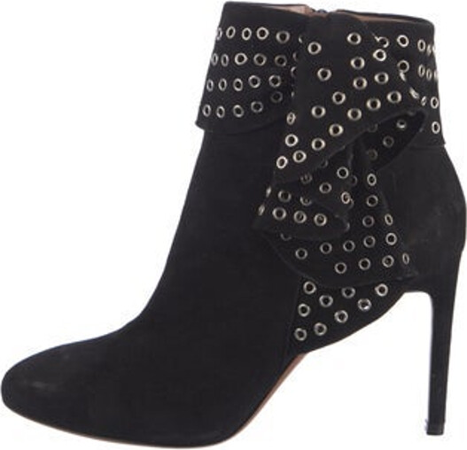 Alaia Suede Ankle Boots Black Semi-Pointed Toes with Ruffle Embellishment Wrap-Around Straps & Concealed Zip Closure at Sides Includes Dust Bag Designer