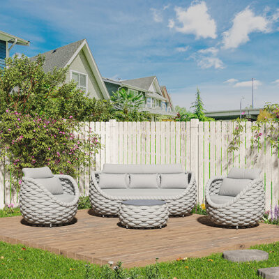 Latitude Run 5 - Person Fully Assembled Textilene Rope Altuminum Frame Outdoor Conversation Set with Cushions and Table with Marble Pattern Tile Tabletop for Patio
