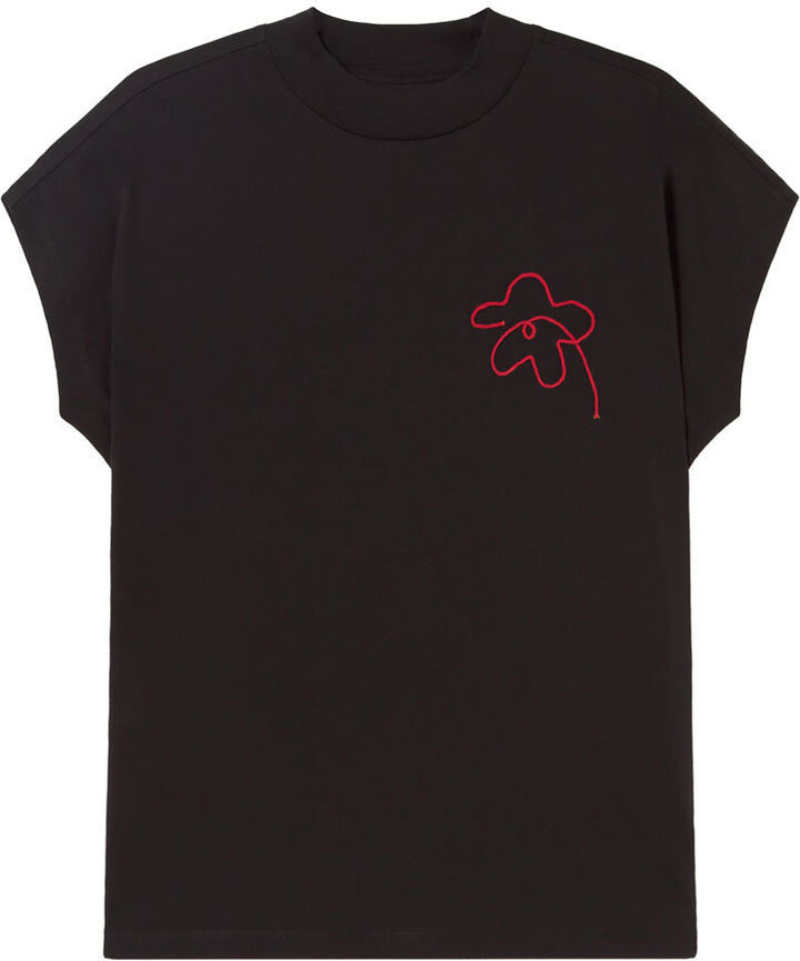 Thinking Mu Black Hand Embroidered Flower Volta T-Shirt