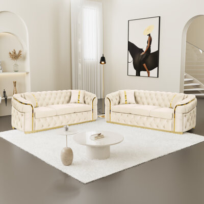 Everly Quinn Luxury 3-seater Velvet Sofas, Stainless Steel, Modern Living Room Essential