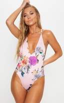 Thumbnail for your product : PrettyLittleThing Pink Jewel Floral Plunge Swimsuit