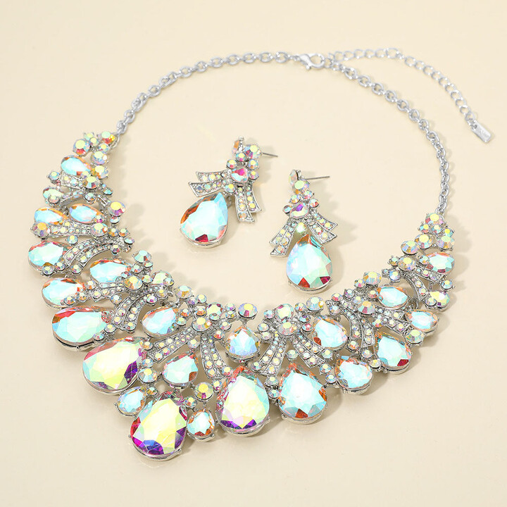 FASHNZFAB Teardrop Stone Cluster Embellished Bib Statement Evening Necklace - AB, Silver
