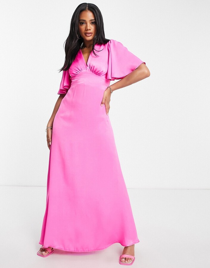 Flounce London flutter sleeve maxi dress with plunge front in hot pink ...