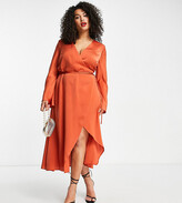 Thumbnail for your product : ASOS Curve ASOS DESIGN Curve bias cut satin wrap dress with tie waist in ginger