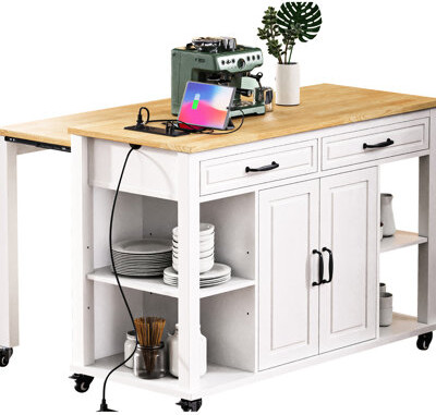 Ebern Designs Extendable Kitchen Island With 47.2 X 19.7 Counter Rubber Wood Table Storage Cabinets Type - C And Ports 2 Ac 1 Outlet